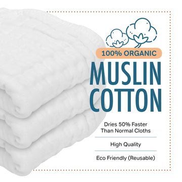 Allsett Health 10 Pack Muslin Burp Cloths Large 20' By 10' 100% Cotton, Hand Wash Cloth 6 Layers Extra Absorbent And Soft Whit