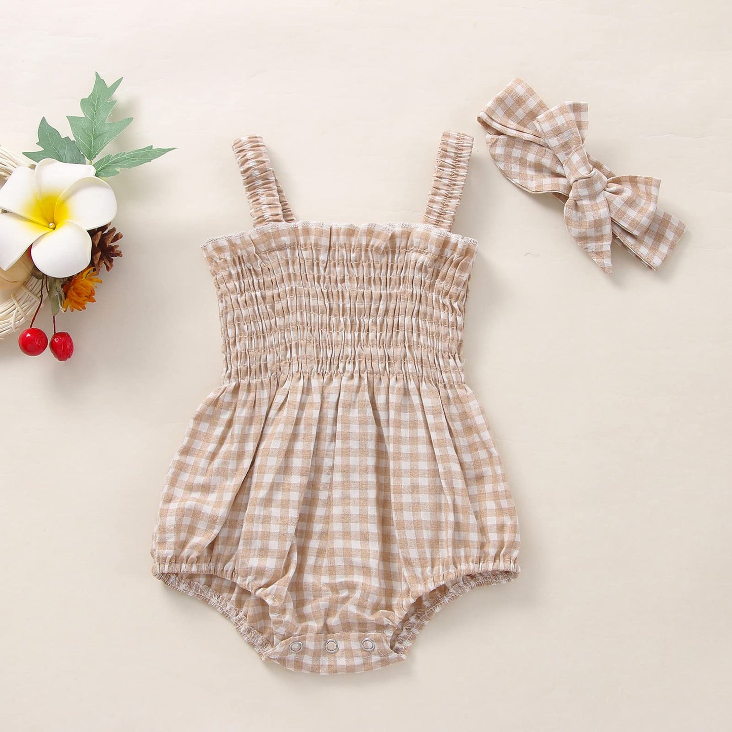 Newborn Baby Girl Bodysuit Sleeveless Halter Frill Romper One-Piece Jumpsuit With Headband Summer Clothes Set (Khaki, 6-12 Month