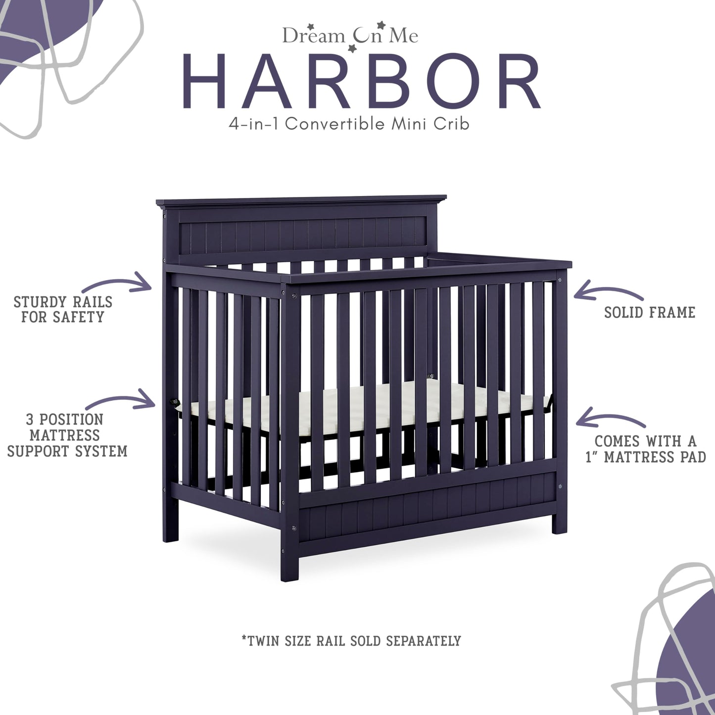 Dream On Me Harbor 4-In-1 Convertible Mini Crib In Navy, Greenguard Gold Certified