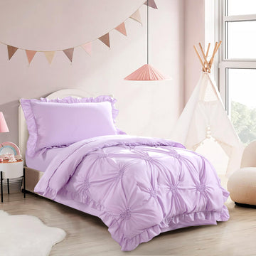 Hombys 4 Pieces Purple Princess Toddler Bedding Set For Girls Kids, Ultra Soft Pinch Pleat Comforter Set With Ruffles For All Se