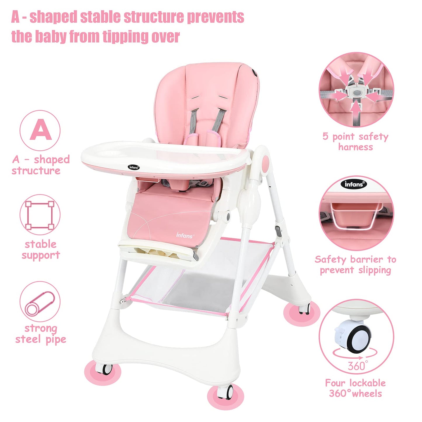 Infans High Chair With One-Hand Removable Tray, 4 Lockable Wheels & Large Storage Basket - Multi-Adjustable Height, Recline & Fo