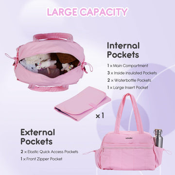 Gobabymart Large Diaper Bag Tote With Changing Pad, Maternity Baby Travel Nappy Bags With Wet Pocket, Hospital Bag (Pink)