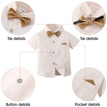 Disaur Boys Church Outfit Short Sleeve Apricot Brown Dress Shirt Bow Tie Suspender Pants Toddler Formal Outfit Boy 2T 3T 2-3T