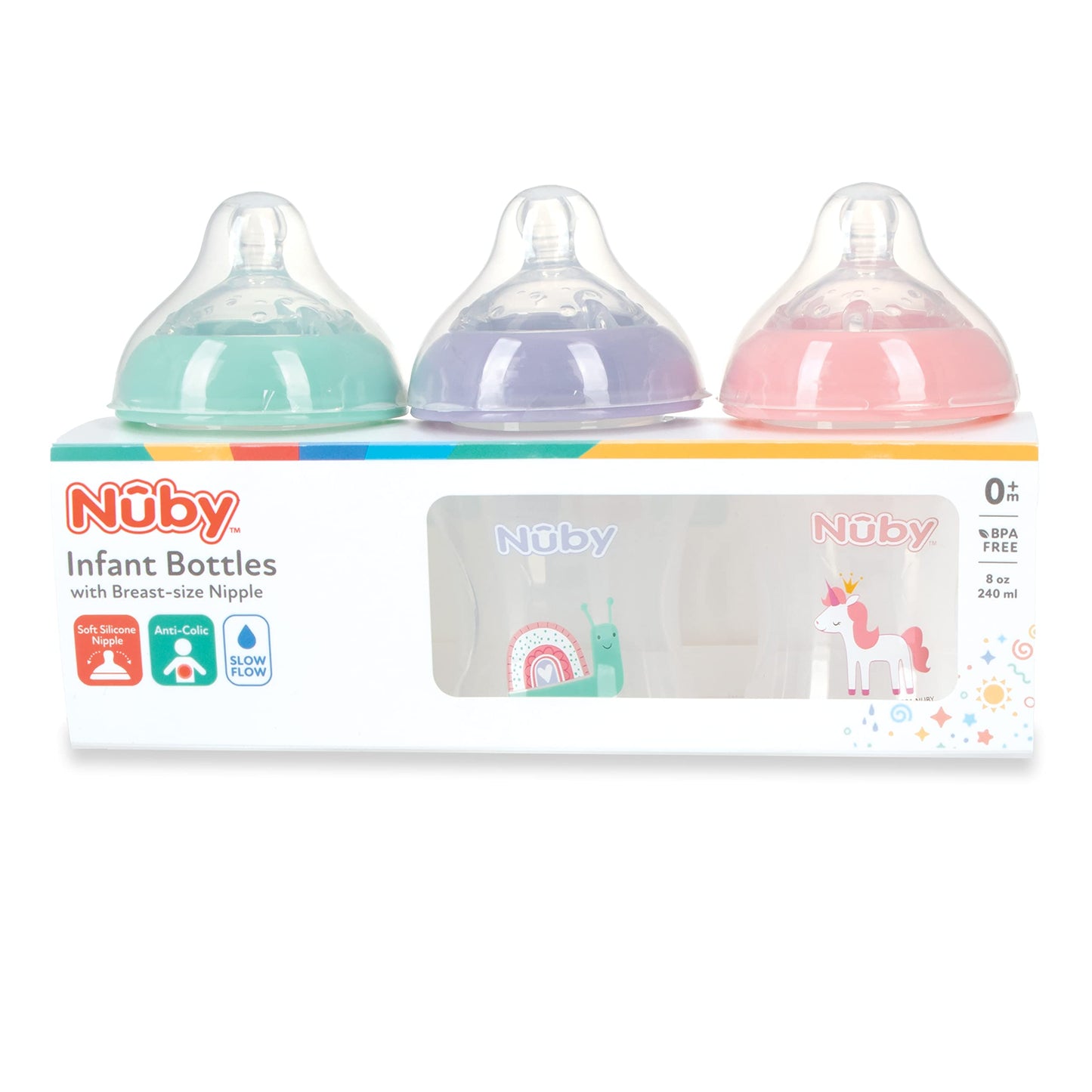 Nuby 3-Pack Infant Feeding Bottles With Slow Flow Breast Size Silicone Nipple: 0+ Months, 8Oz, 3 Pack Set: Delicate Llama, Snail