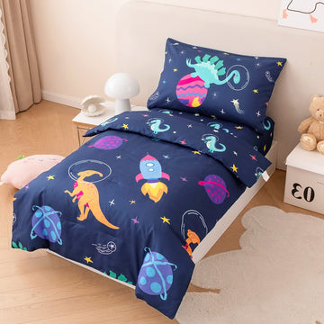 Perfemet Toddler Bedding Set 4 Pieces Cartoon Dinosaur Planet Printed Bed In A Bag For Boys Girls Reversible Navy Blue Toddler C