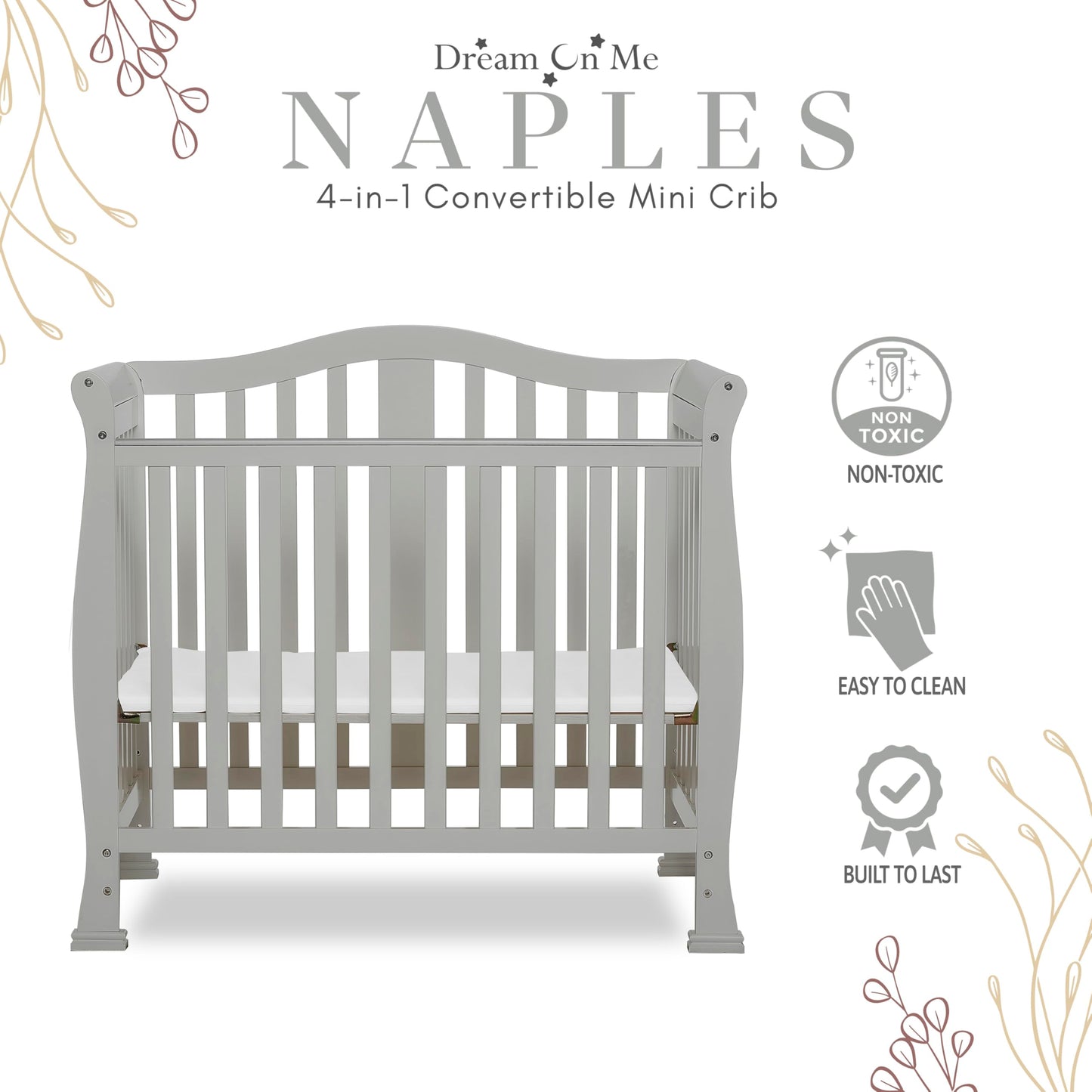 Dream On Me Addison 4-In-1 Convertible Mini Crib In Cool Grey, Greenguard Gold Certified, Non-Toxic Finishes, Built Of New Zeala