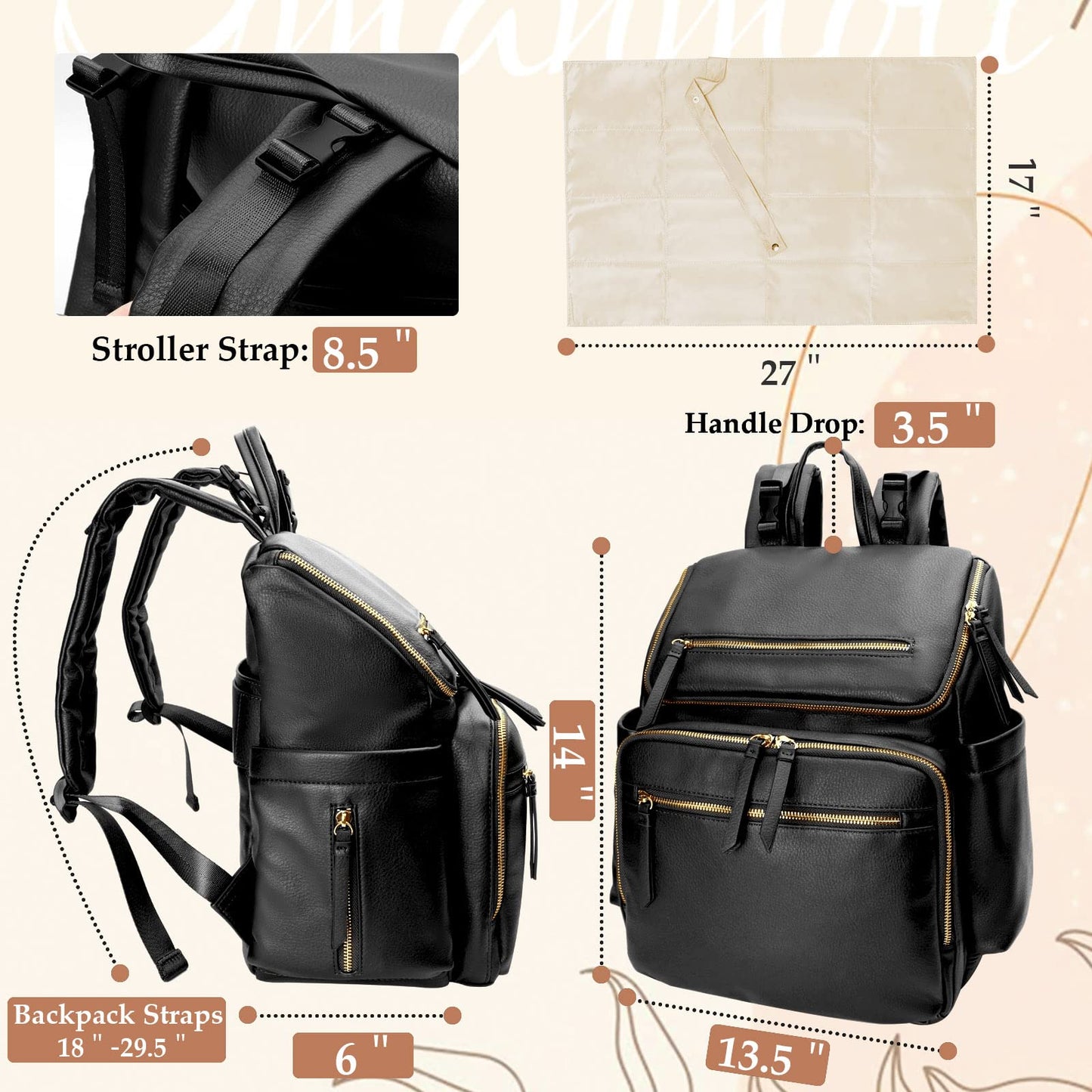 Diaper Bag Backpack Baby Diaper Bag Leather By Omanmoli With 17 Diaper Bag Organizing Pouches,Changing Pad,Stroller Straps,4 Ins