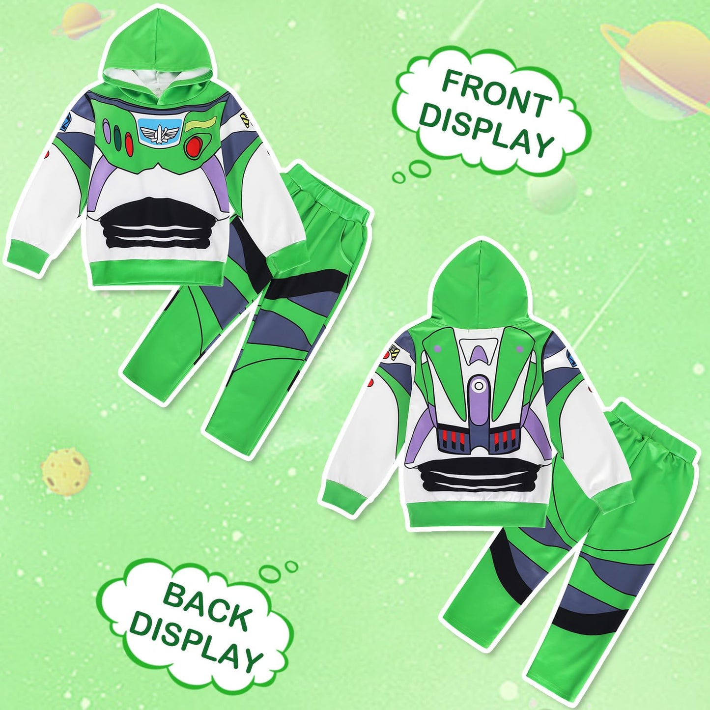 Eledobby Buzz Lightyear Costume For Boys Sweatshirt+Pants Set Kids Halloween Outfit Boy Costumes Hoodie Green Size 9-10 Years