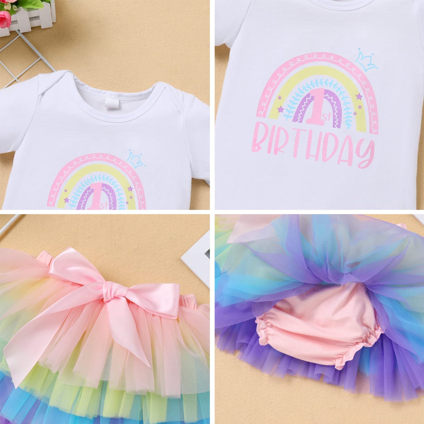 Baby Girl Boho Rainbow 1St First Birthday Cake Smash Outfit One Year Old Party Photo Props Cotton Short Sleeve Romper Tutu Tulle
