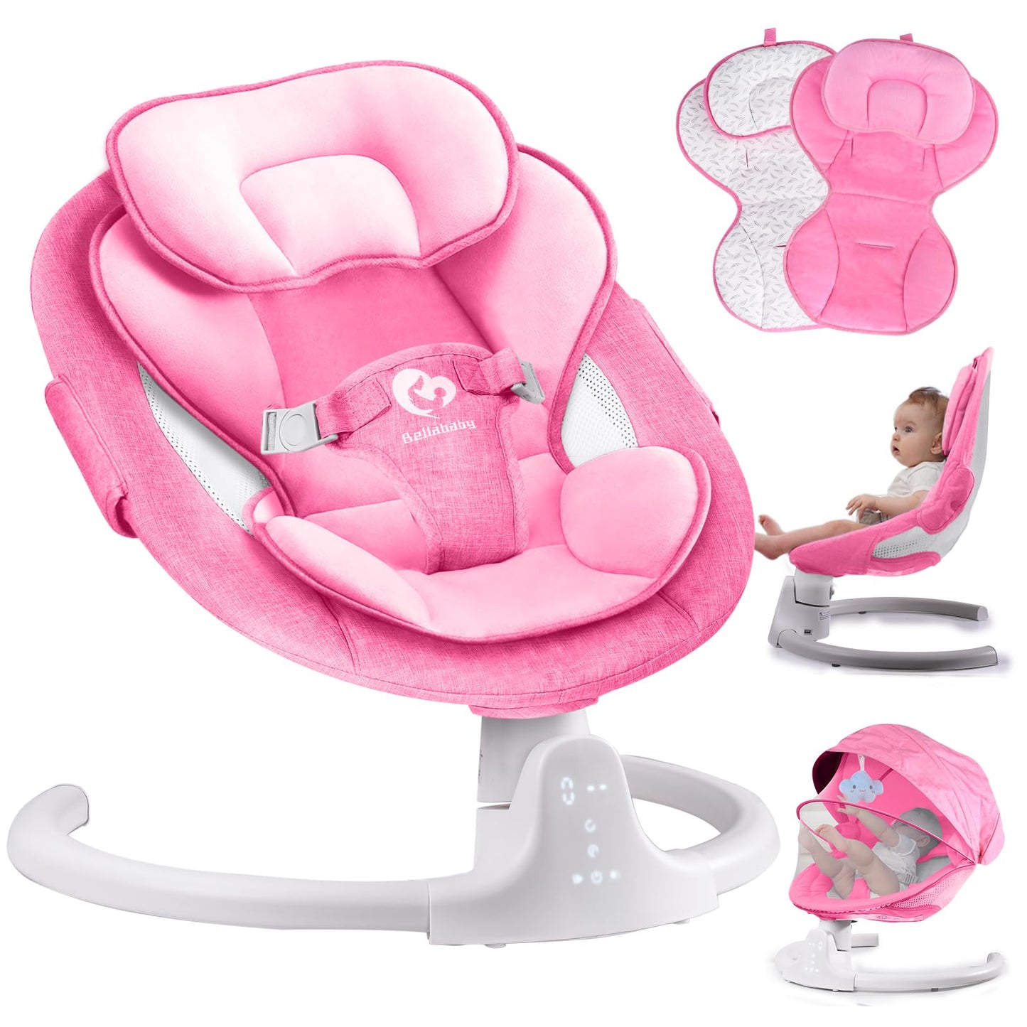 Bluetooth Baby Swing For Infants, Compact & Portable Pink Baby Girl Rocker, 3 Seat Positions, 5 Swing Speed, 10 Lullabies, Remot