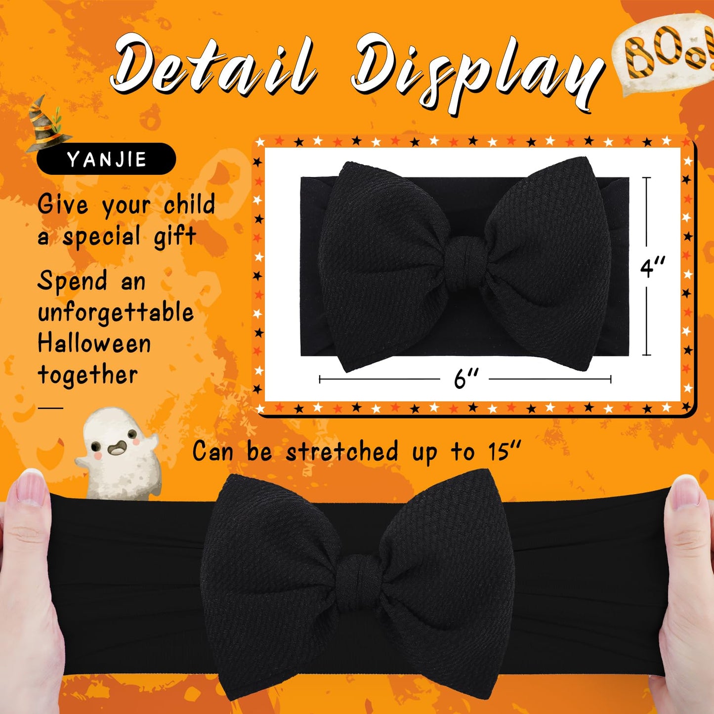Yanjie Halloween Baby Headbands Cheer Bow, Orange Hair Bow Black Baby Girl Elastic Nylon Halloween Hairbands For Baby Girls Newb