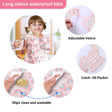 Spinfox 2 Pack Easy Clean Long Sleeve Bib, Soft Mess Proof Baby Smock Bib For Eating, Waterproof Toddler Baby Feeding Bibs Shirt