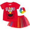 Sesame Street Elmo Toddler Girls Graphic T-Shirt Mesh Skirt And Scrunchie 3 Piece Outfit Set Red/Rainbow 2T
