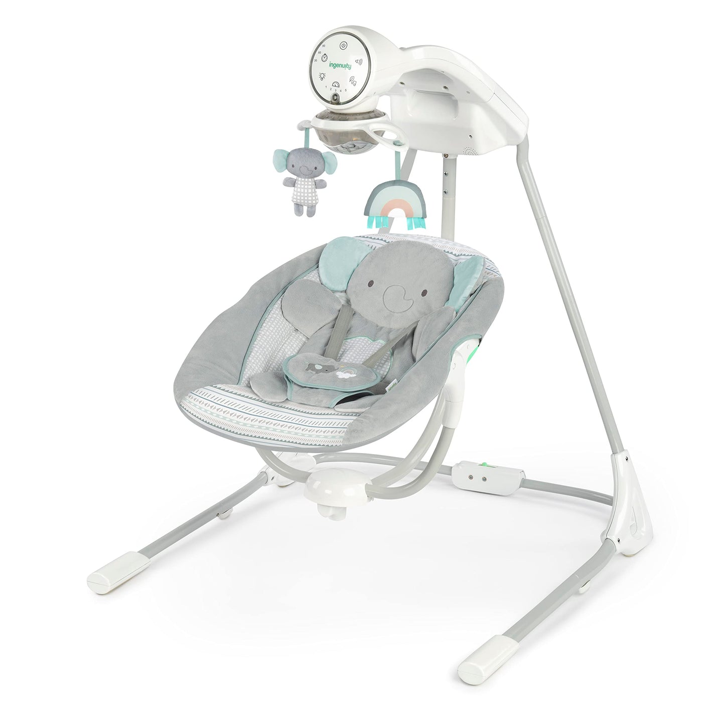Ingenuity Inlighten 5-Speed Baby Swing - Swivel Infant Seat, 5 Point Safety Harness, Nature Sounds, Lights - Van Elephant