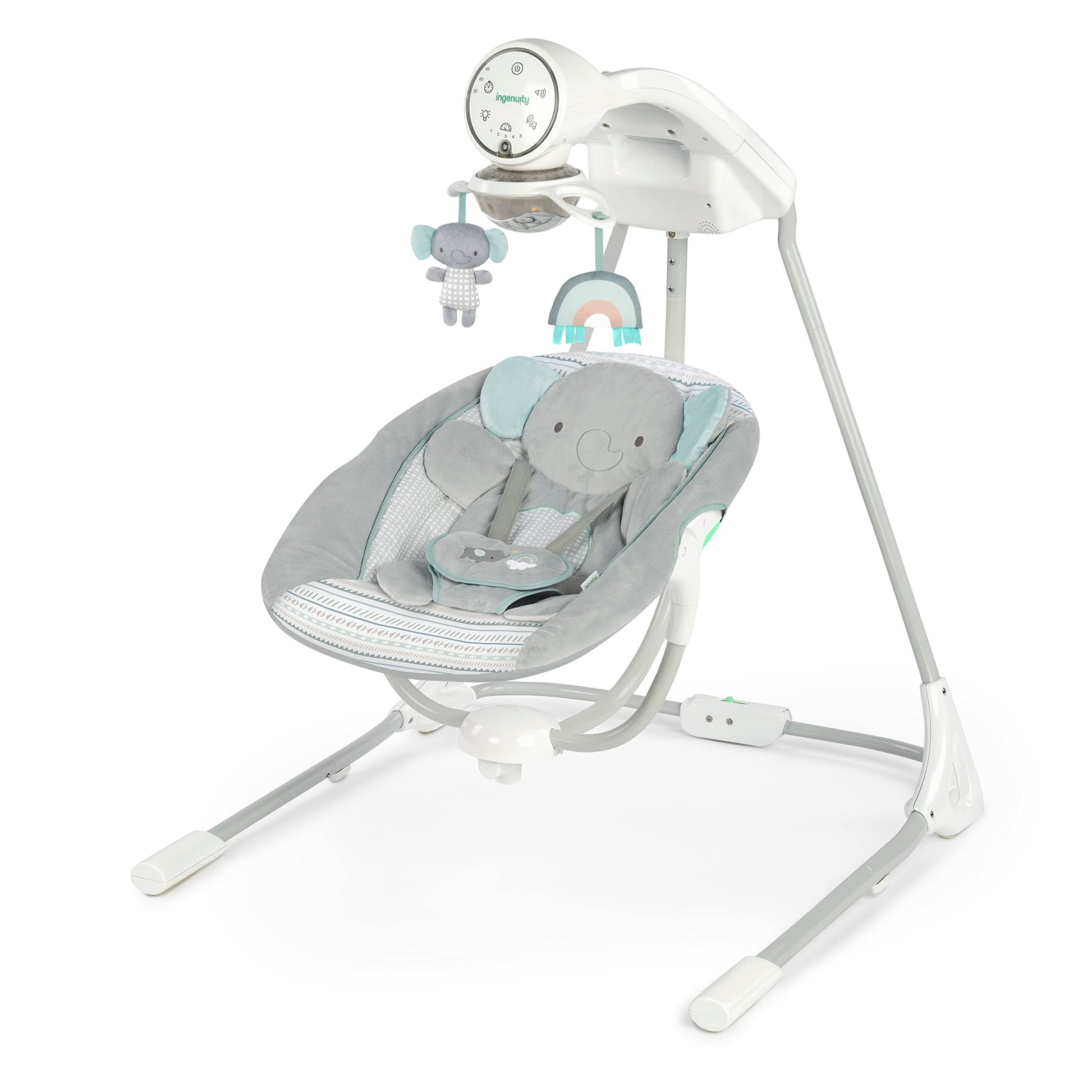 Ingenuity Inlighten 5-Speed Baby Swing - Swivel Infant Seat, 5 Point Safety Harness, Nature Sounds, Lights - Van Elephant