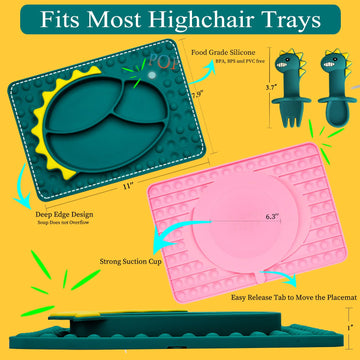 Nicingu Silicone Toddler Dinosaur Feeding Placemat Sets With Spoon And Forks,Baby Push Pop Bubble Suction Divided Plate Utensils