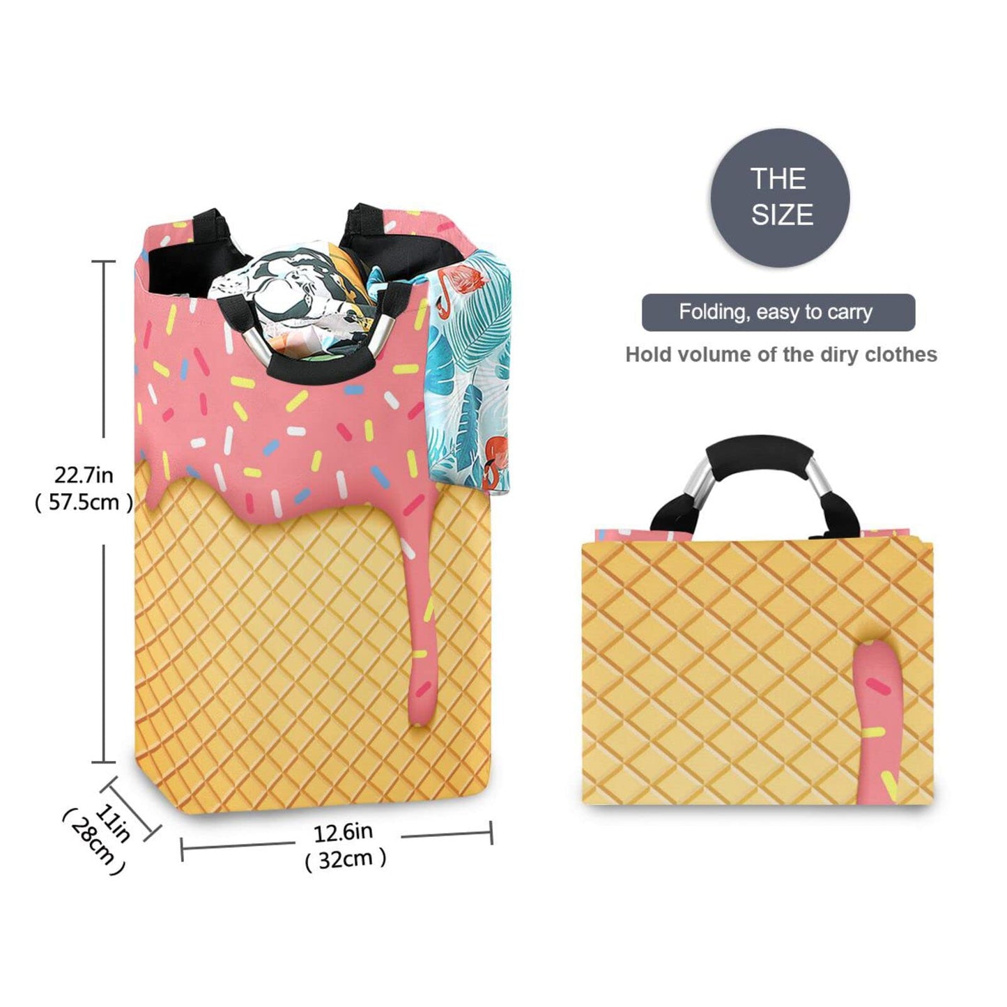 Jumbear Ice Cream Cone Laundry Basket Collapsible Large Clothes Hamper Nursery Storage Bin With Handle For Bedroom, Bathroom, Do