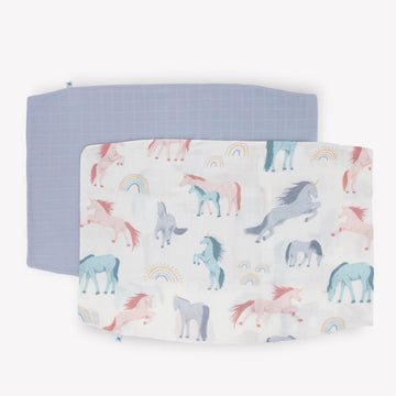 Little Unicorn Standard Pillowcase 2 Pack | Super Soft & Breathable Muslin Fabric | Snug Envelope Closure (Unicorns)