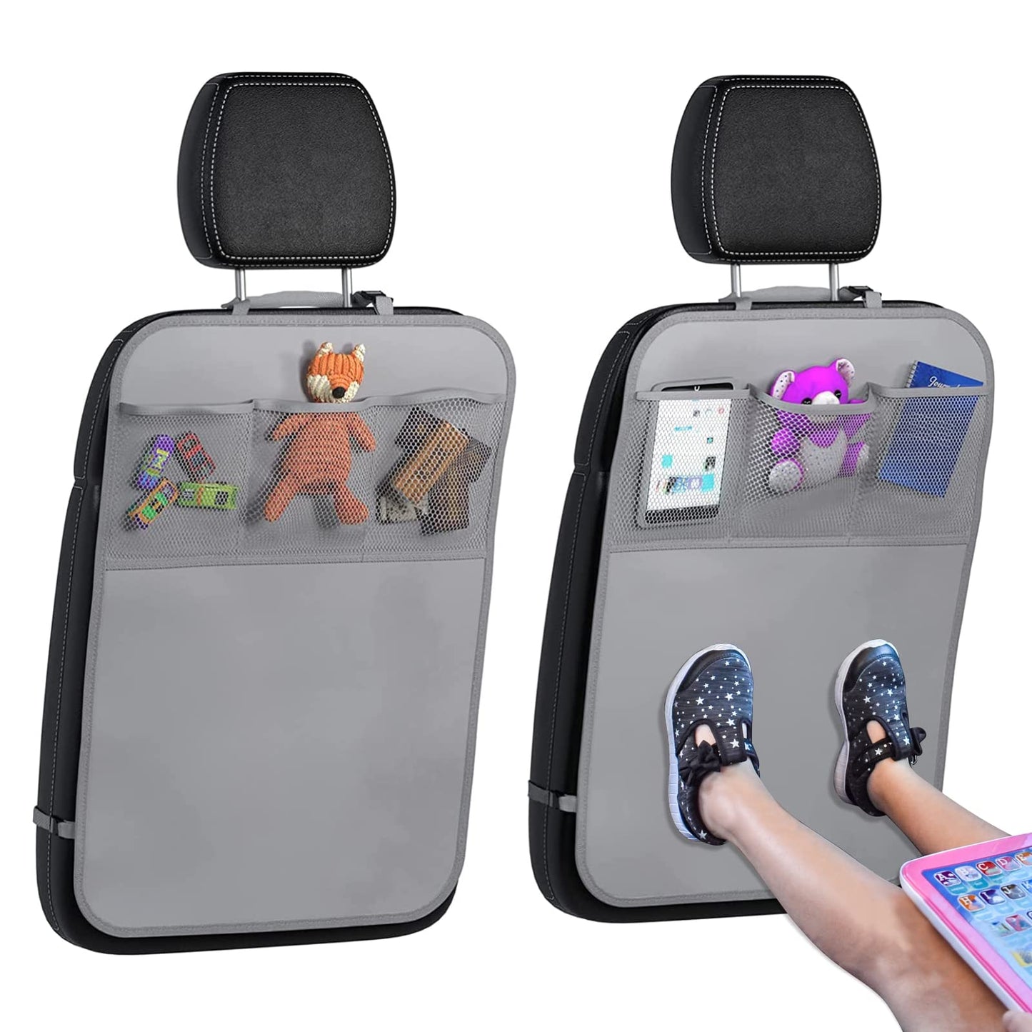 lebogner Back Seat Cover for Kids + 3 Pocket Storage Organizer, 2 Pack X-Large Multifunctional Kick Mats Backseat Protector, Car