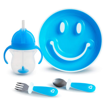 Munchkin Be Happy Toddler Feeding Supplies Gift Set, Includes Happy Face Suction Plate, Straw Cup And Utensil Set, Blue