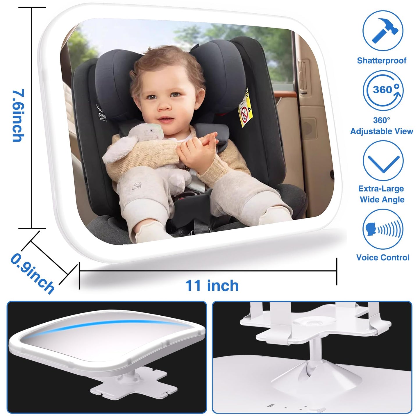Smart Baby Car Mirror With Lights, Voice Control Safety Car Seat Mirror For Baby Rear Facing Infant With Wide Crystal Clear View