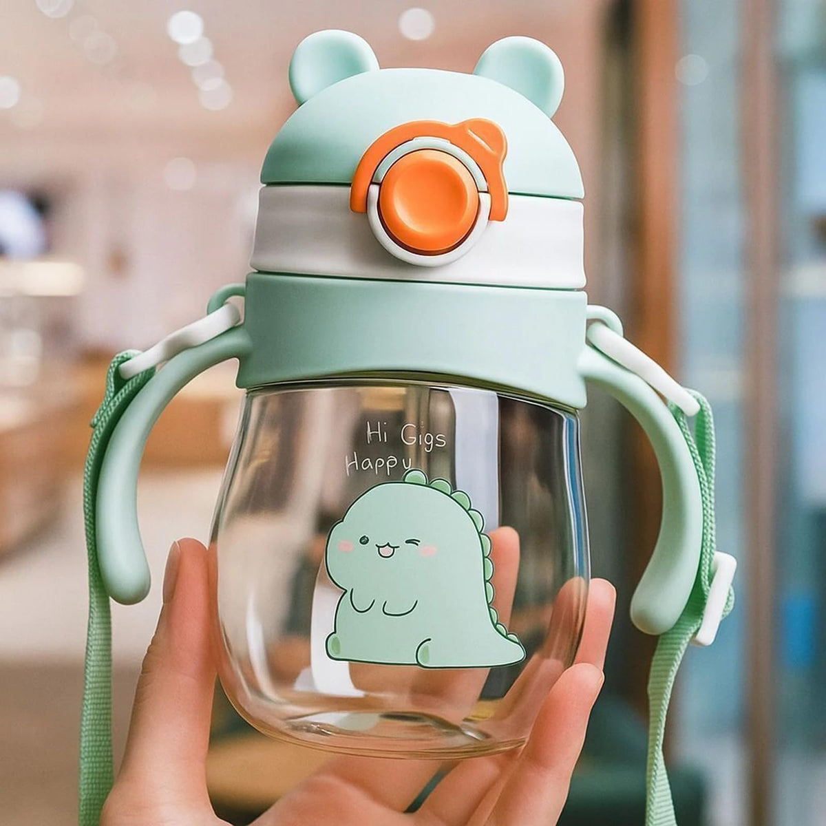 Playbury Kids Sipper Cup with Handle and Shoulder Strap, Baby Blue, BPA Free Silicone, 300 ml, Anti Spill Lock, 6Month+ (Green)