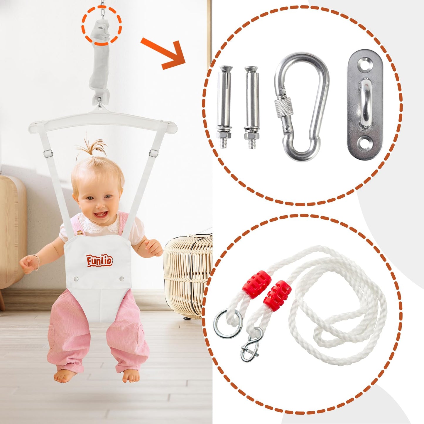 Funlio Baby Jumper With A Ceiling Hook For 6-24 Months, Infant Jumper Doorway With Adjustable Chain, Baby Door Jumper For Indoor