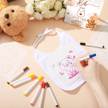Panitay 100 Pcs Diy Baby Bibs Decorating Kit 50 White Bibs 25 Stencils 24 Fabric Markers 1 Baby Shower Game Sign(Brown Bear)