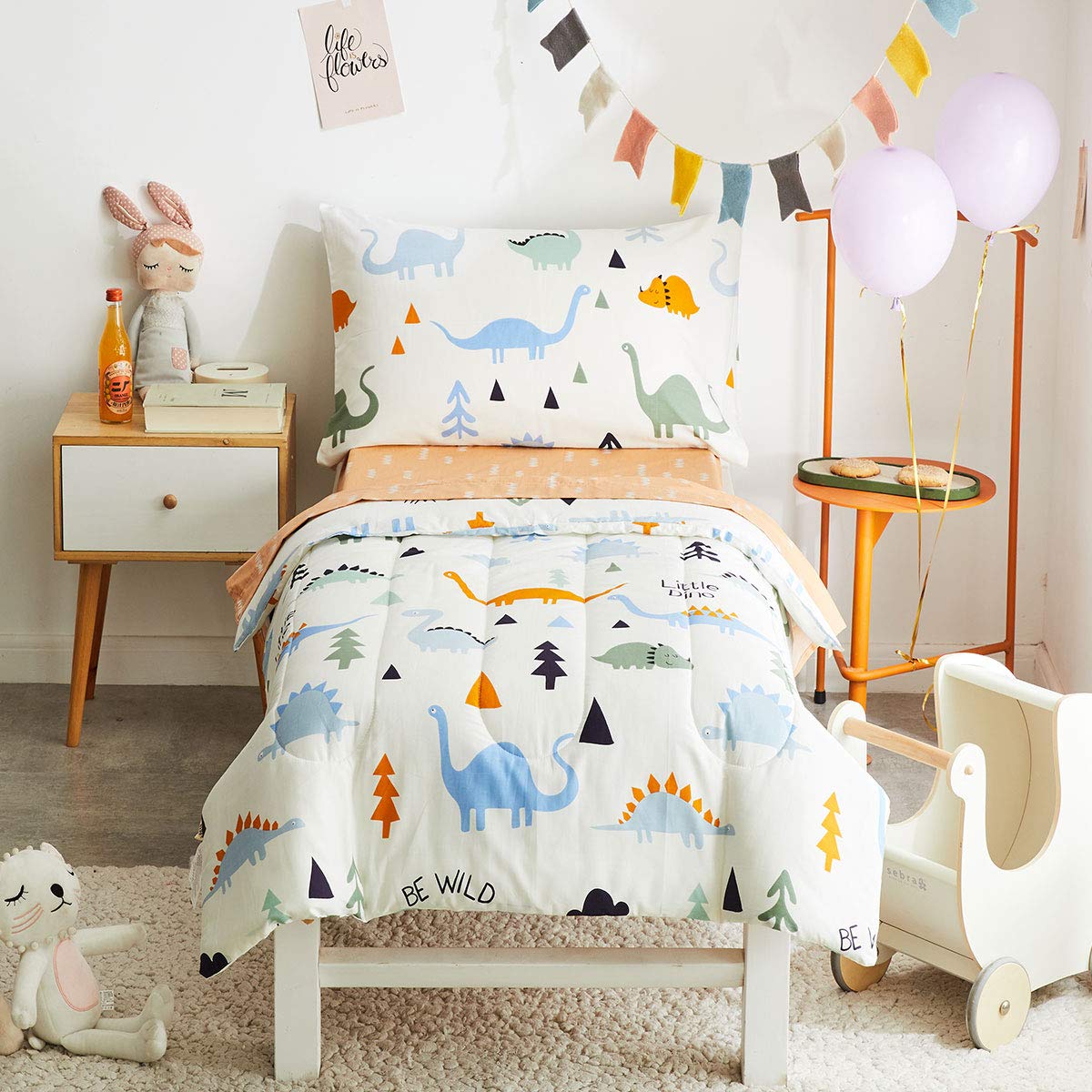 Joyreap 4 Piece Cotton Toddler Bedding Set For Kids Boys N Girls, Dinosaur Theme Cream White N Orange Reversible Design, Include