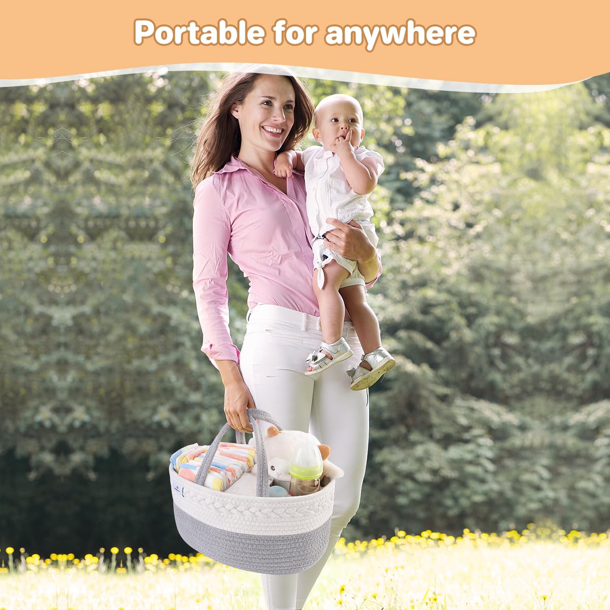 Philorn Diaper Caddy Organizer, Cotton Rope Diaper Caddy Basket, Woven Diaper Caddy With Dividers, Nursery Storage Basket For Ch