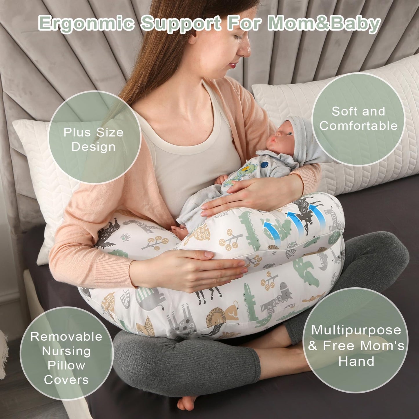 Battop Nursing Pillow For Breastfeeding,Bottle Feeding,Plus Size Breastfeeding Pillows With Adjustable Waist Strap Removable Cov
