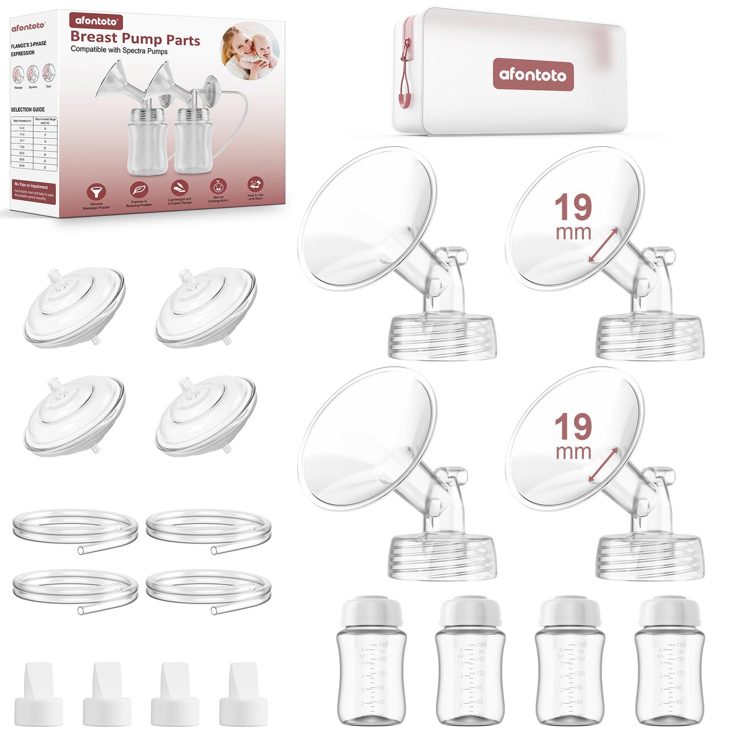 Pump Parts Compatible with Spectra S1/S2/9 Plus Breastpump, 4 Set Replacement Parts for Spectra Include 19mm Flange,Duckbill Val
