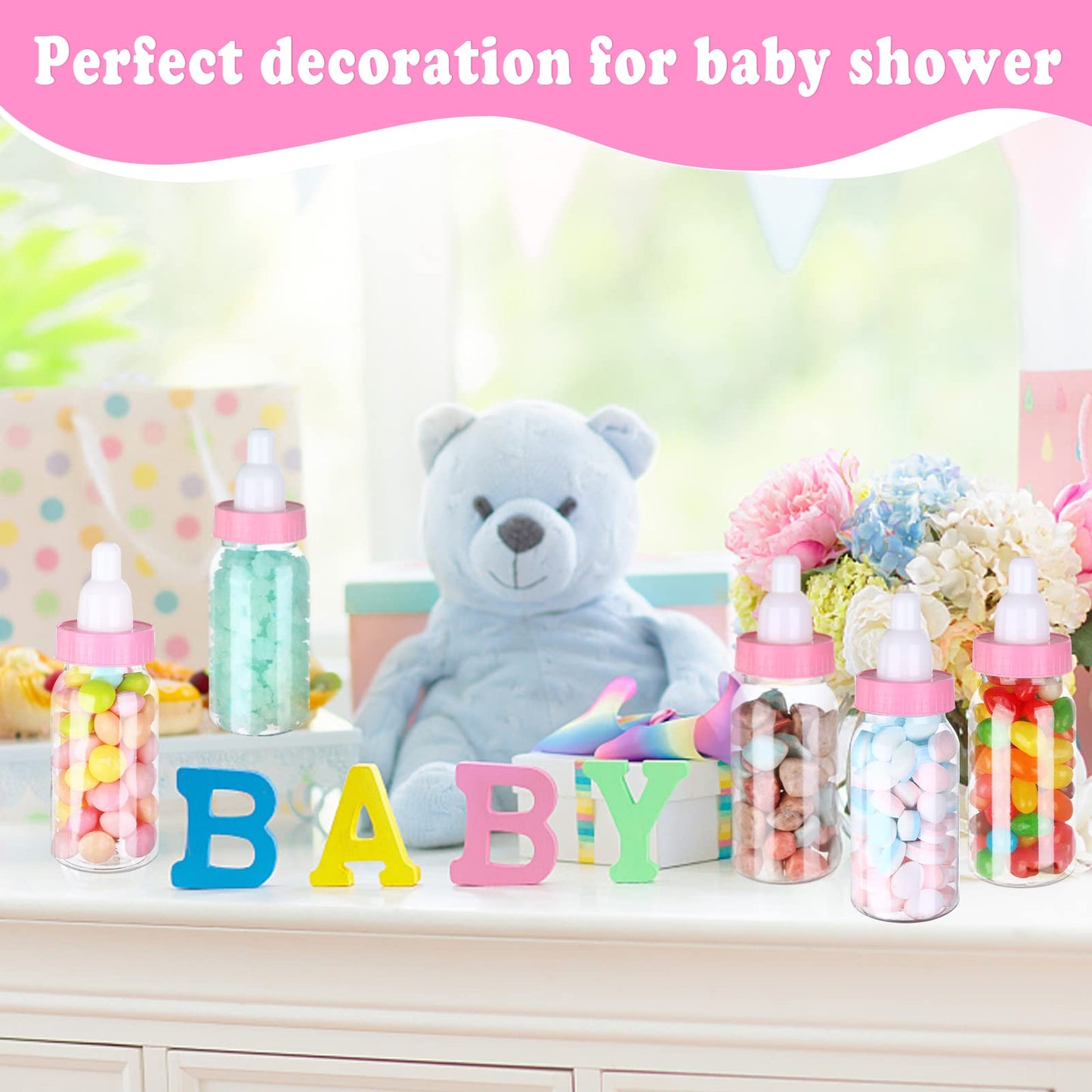 Pinkxhy 60 Pcs 4.5 Inch Baby Mini Milk Bottle Baby Shower Favor Fillable Feeding Bottle Candy Box Small Plastic Candy Container