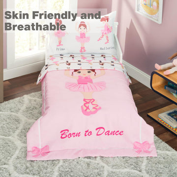 Everyday Kids 4 Piece Toddler Bedding Set -Born To Dance Ballerina- Includes Comforter, Flat Sheet, Fitted Sheet And Reversible