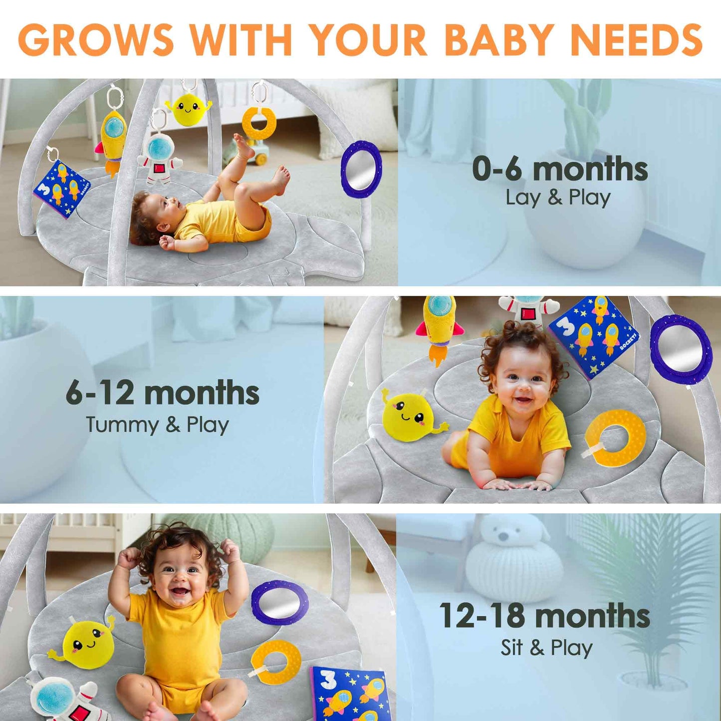 Quokka Baby Play Gym Xl - Rocket-Shaped Baby Play Mat With 6 Large Sensory Toys - Tummy Time Mat For Infant Development - Machin