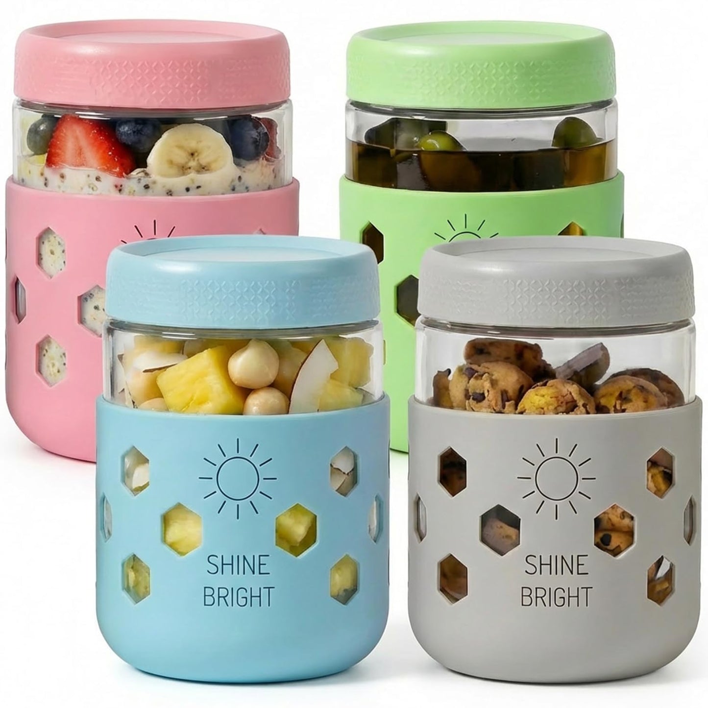 Lazyshine Overnight Oats Containers With Lids And Protective Silicone Sleeve (4 Pack Multicolor)