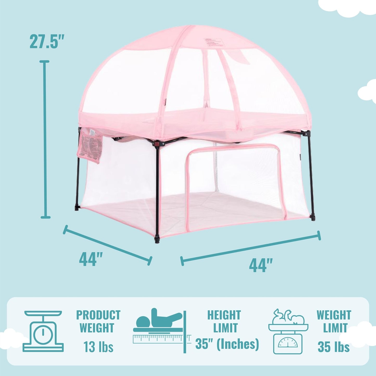Dream On Me Ziggy Square Playpen With Canopy | Baby Playpen | Portable And Lightweight | Playpen For Babies And Toddler | Pink