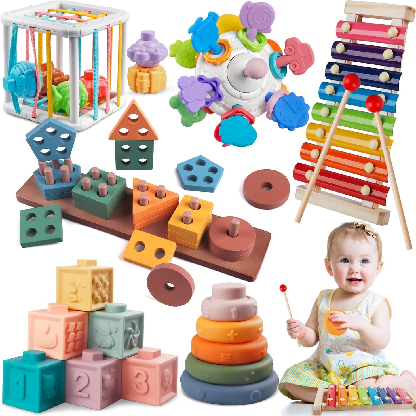 6 in 1 Montessori Baby Toys for 1 + Year Old, Infant Sensory Teething Toys for Babies 6-12 Months, Wooden Stacking Building Bloc