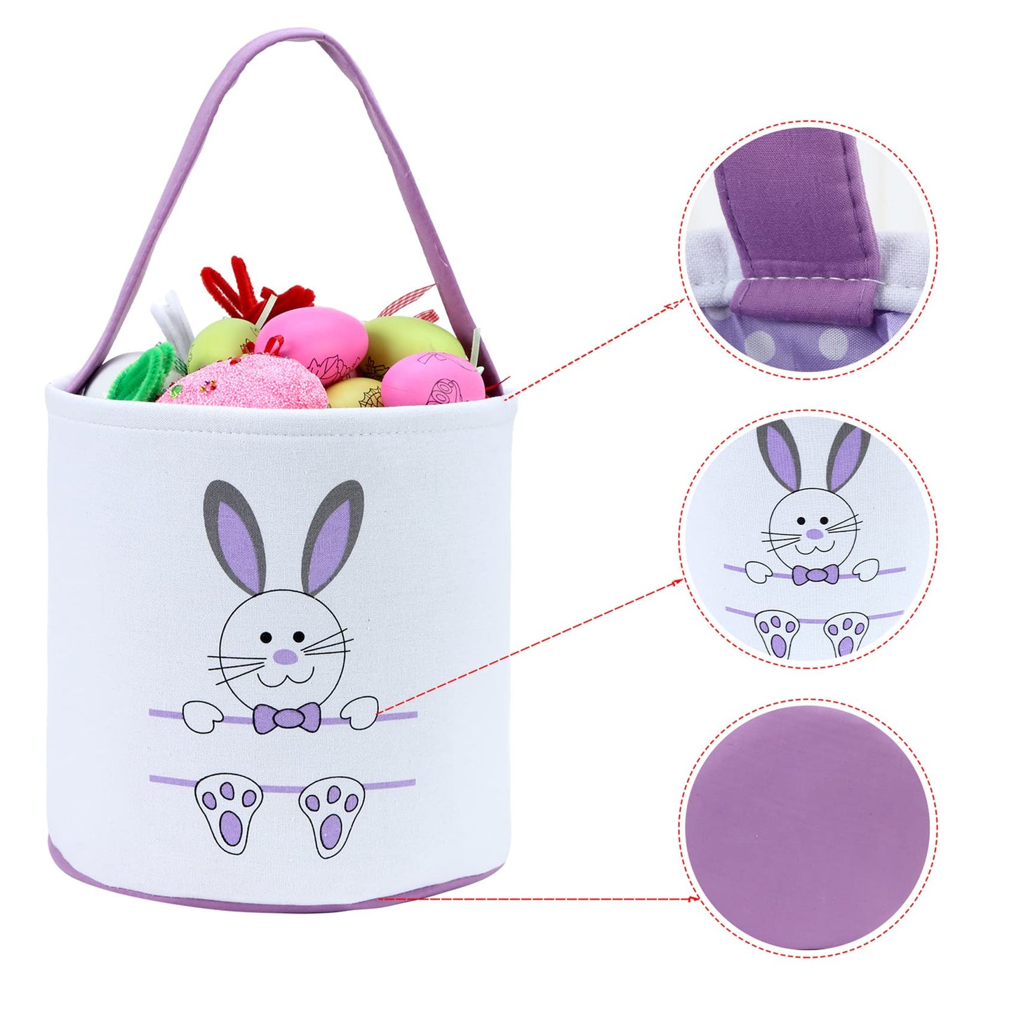 Easter Bunny Basket Egg Bags For Kids,Canvas Cotton Personalized Candy Egg Basket Rabbit Print Buckets With Fluffy Tail Gifts Ba