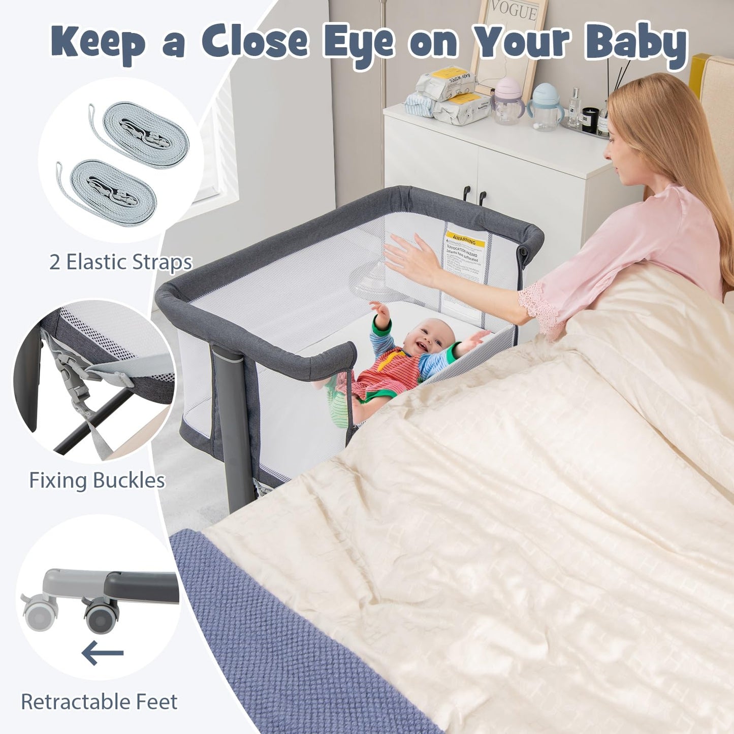 Infans 3 In 1 Baby Bassinet, Bedside Sleeper For Newborn, Folding Crib With Mattress, Travel Bag, Wheels, 4-Sided Mesh, Easy To