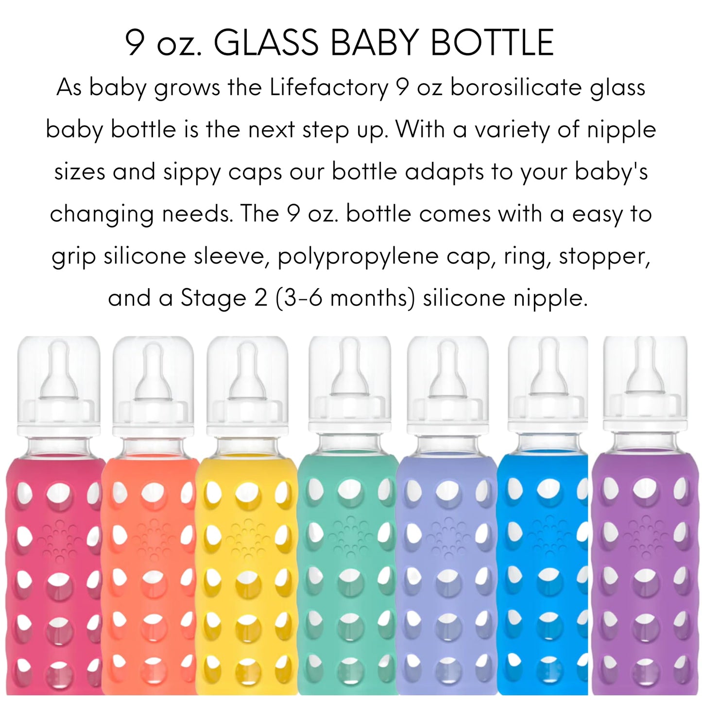Lifefactory Glass Baby Bottles With Silicone Protection - 4-Pack, 4 Oz/9 Oz Bottles, (1- Pink, 1- Raspberry, 1- Lavender & 1- Gr