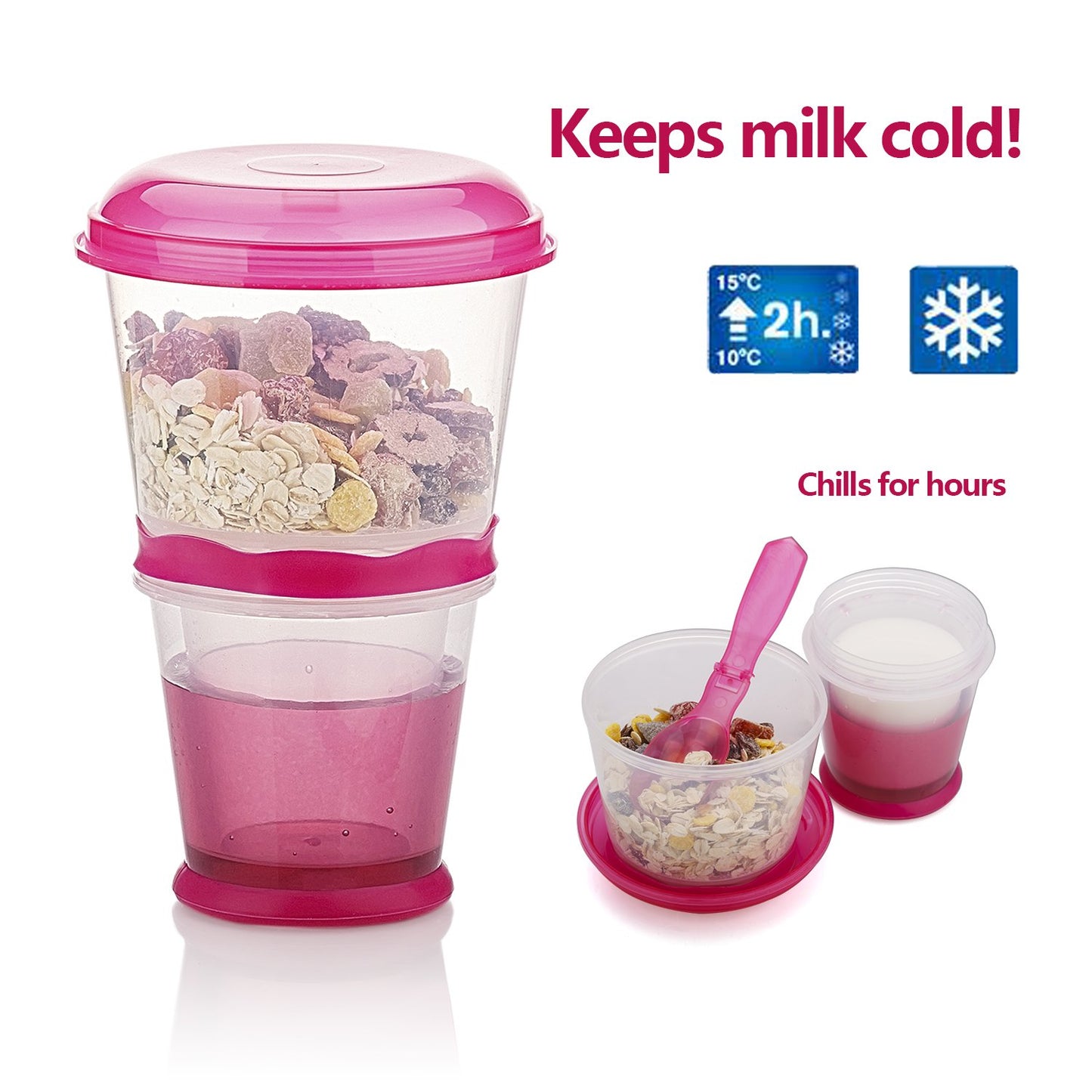 Inogih Cereal On The Go Cups Breakfast-Portable Drink-Cup Cereal To-Go Container-Cup With Spoon (Pink)