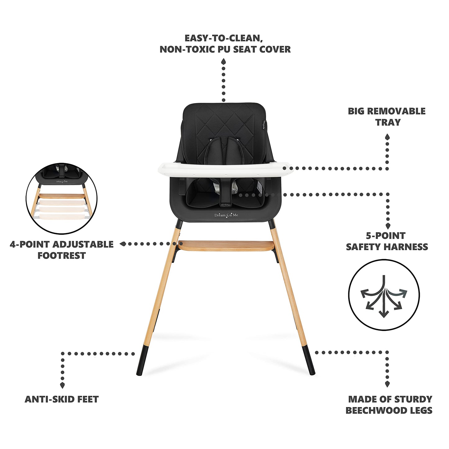 Dream On Me Nibble Wooden Compact High Chair In Black | Light Weight | Portable |Removable Seat Cover I Adjustable Tray I Baby A