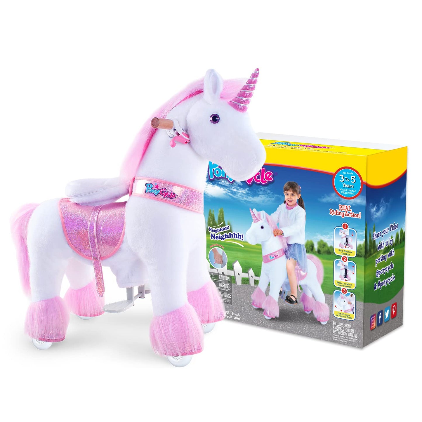PonyCycle Official Classic U Series Ride on Horse Toy Plush Walking Animal Pink Unicorn Size 3 for Age 3-5 Ux302