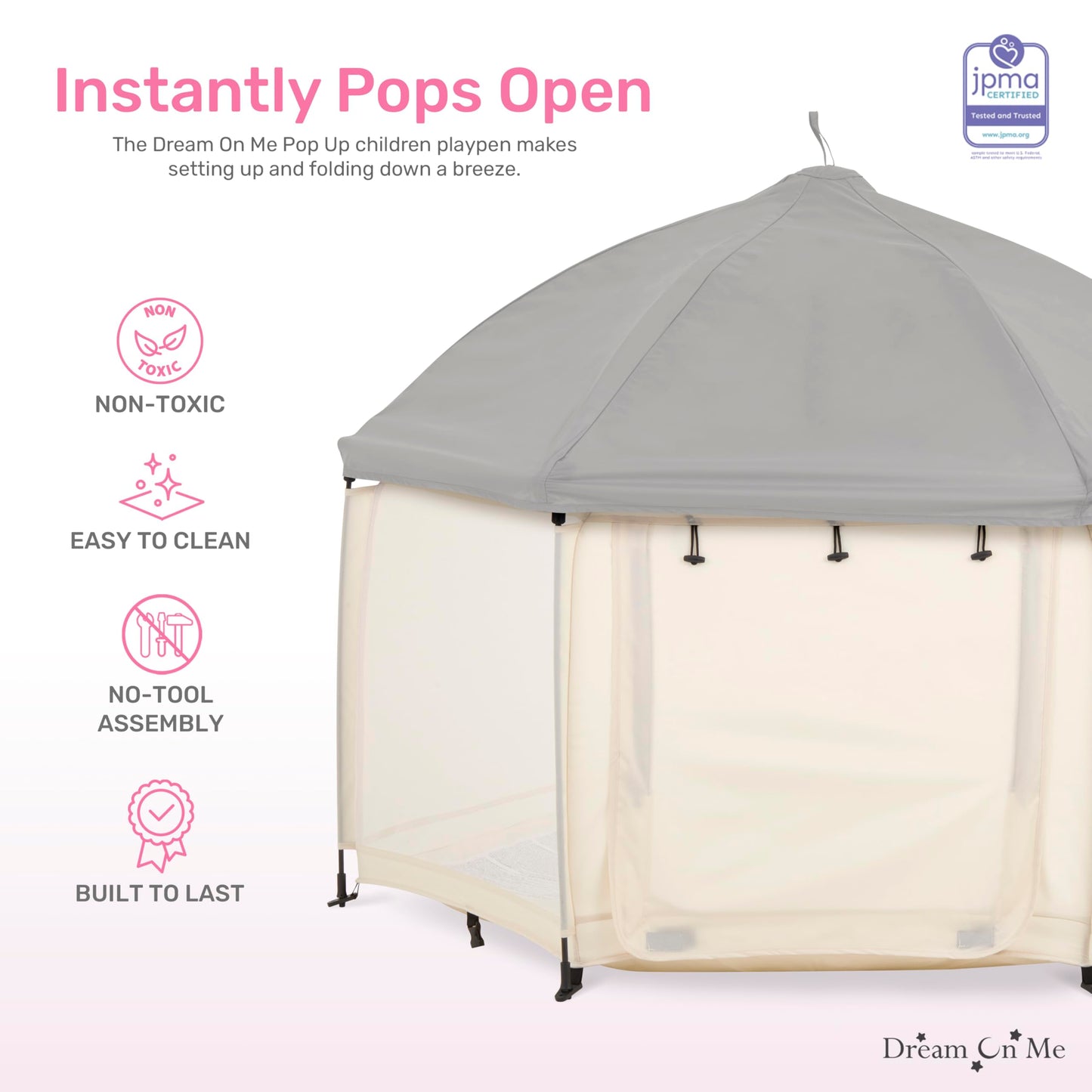 Dream On Me Pop Up Children Playpen In French White, Easy Set Up For Babies And Toddlers, Breathable Mesh Sides, One Hand Easy F