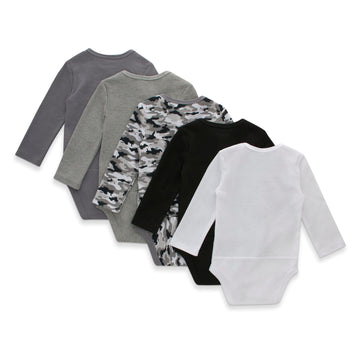 Hanes Unisex Baby Long Sleeve Bodysuit, Ultimate Flexy Boys & Girls, 5-Pack, Grey/Black, 6-12 Months Us
