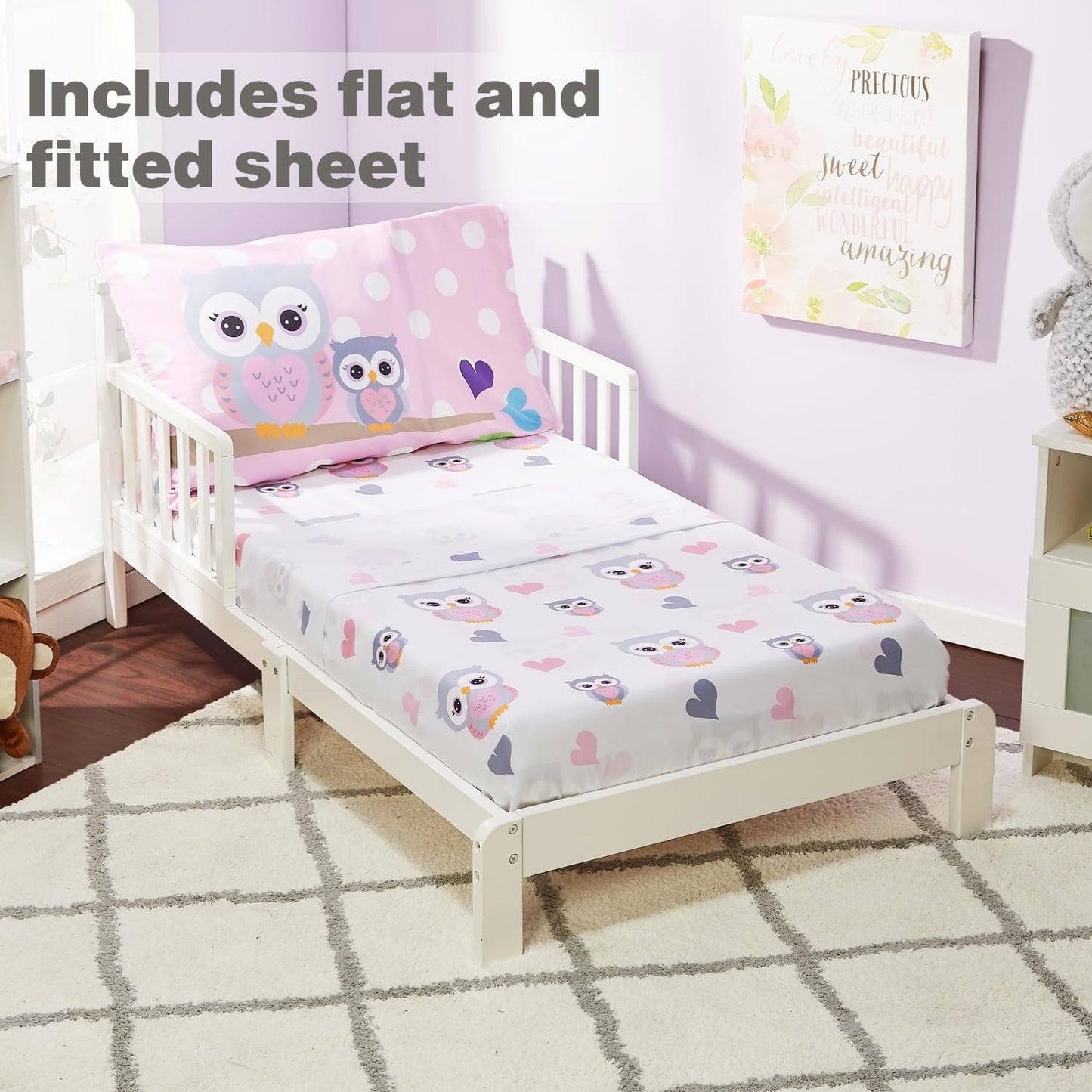 Everyday Kids 4 Piece Toddler Bedding Set - Owls - Soft 100% Cotton Percale - Includes Comforter, Flat Sheet, Fitted Sheet And R