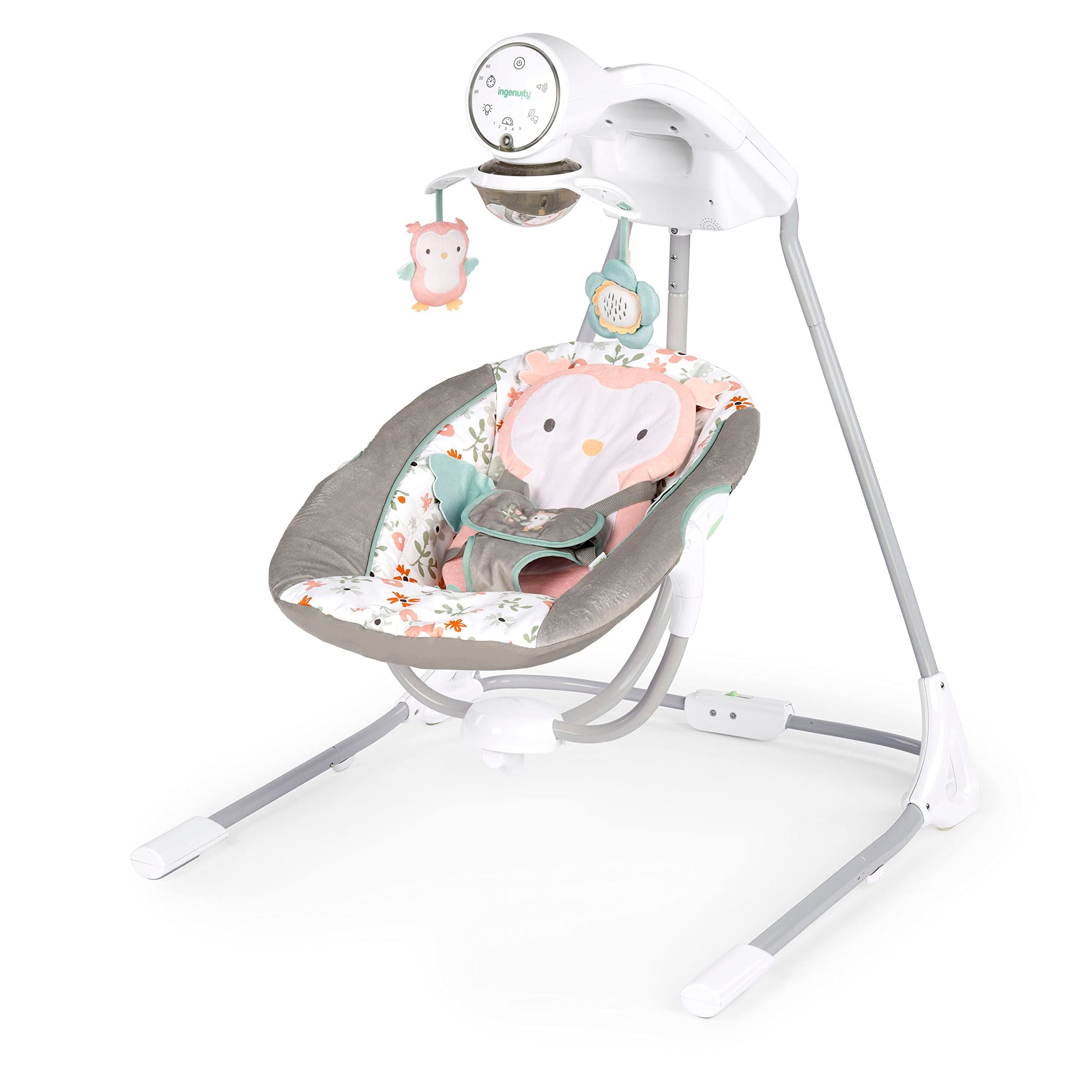 Ingenuity Inlighten 5-Speed Baby Swing - Swivel Infant Seat, 5 Point Safety Harness, Nature Sounds, Lights - Nally Owl