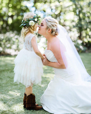 2Bunnies Girl Peony Lace Back A-Line Tiered Tutu Tulle Flower Girl Dress (No Applique White, 5)