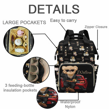 Custom Bear Diaper Bag Backpack For Baby Boy, Personalized Name Cute Large Nappy Nursing Orangizer Mommy Bags, Waterproof Travel